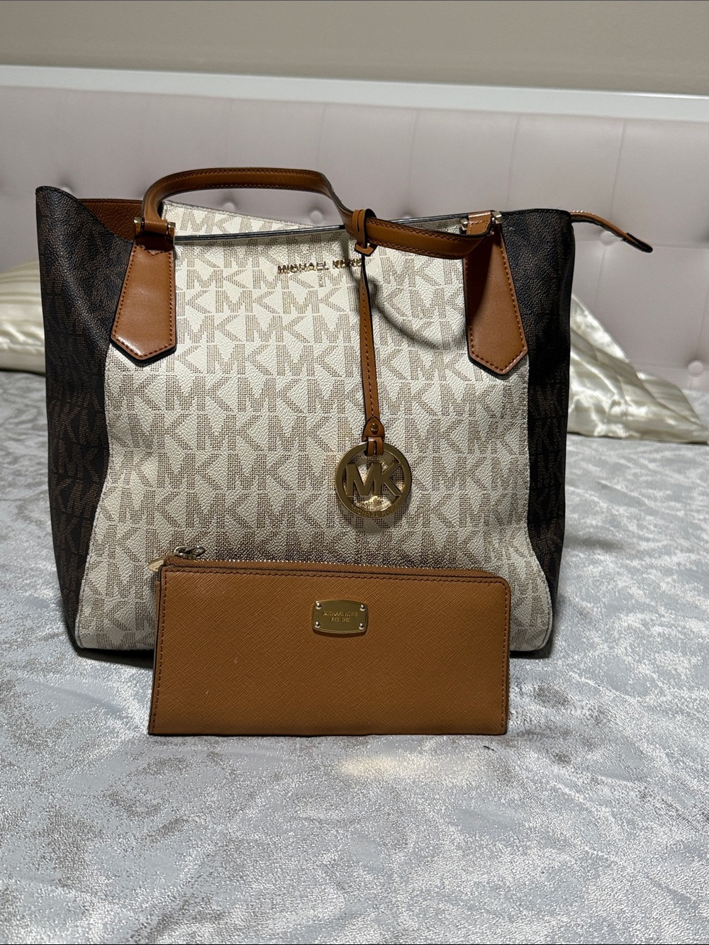 Michael Kors Cream, Brown & Tan Signature Tote with Matching Tan Wallet